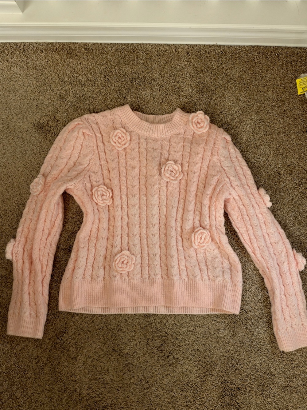 Francesca's Collections Pale Pink Cable-Knit Sweater with Flower Appliqués